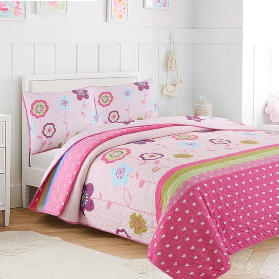 Cozy Line Microfiber Reversible Girls Coverlet Bedspread Quilt Set with Shams (Flower Garden, Twin - 2 Pieces)