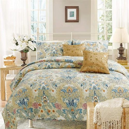 Cozy Line Home Fashions Luxury Classic Bedding Quilt Set 100 Cotton Beige Blue Floral Pink Flower Bohemian Style Reversible Bedspread Coverlet Art Painting King 3 Piece Walmart