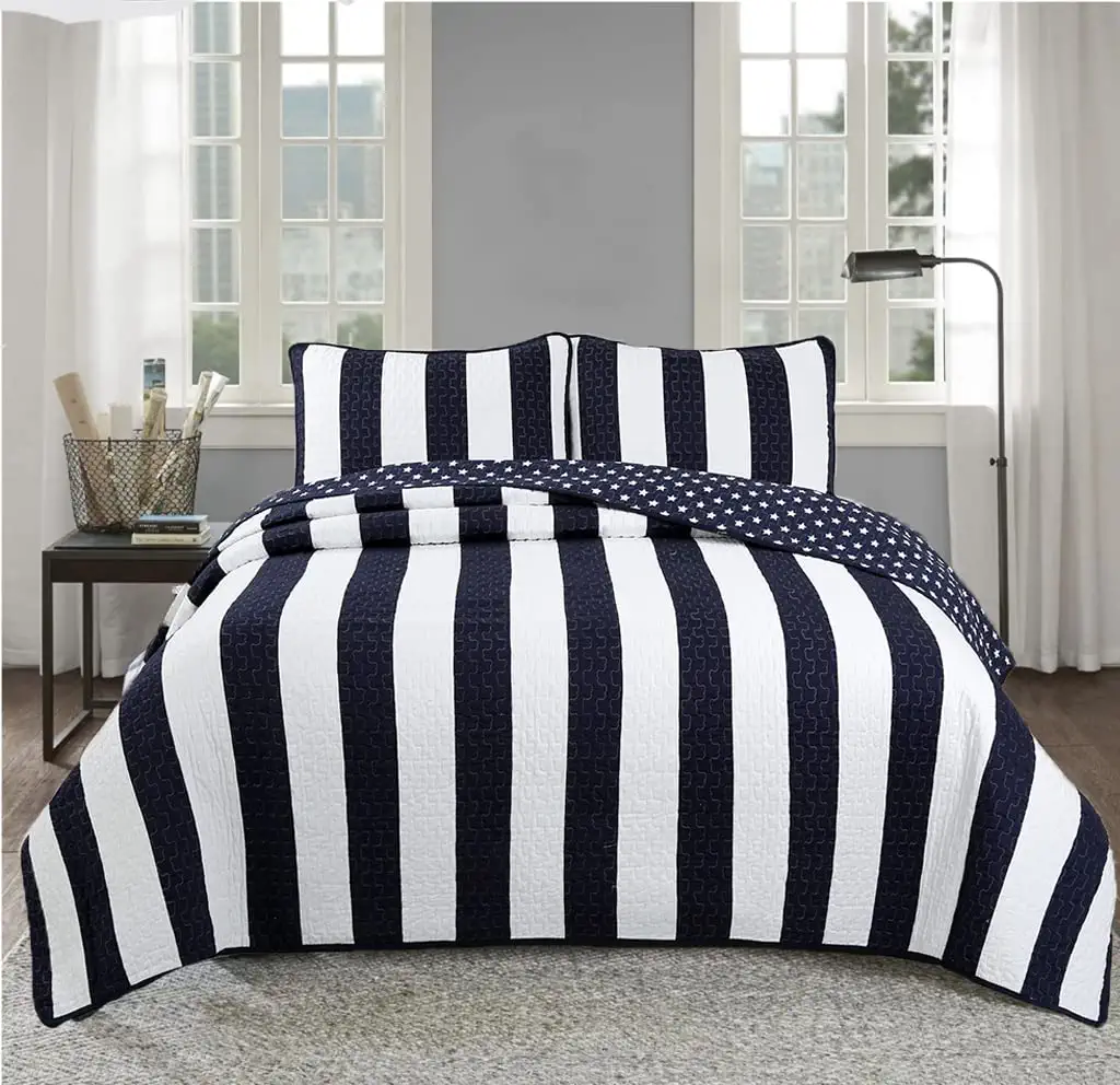 Navy and White Striped Cotton Twin Quilt Set