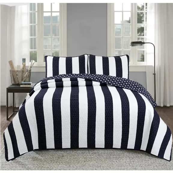 Cozy Line Home Fashions Nautical Navy Blue White Sailor Star Striped Printed Pattern 2 Piece 100% Cotton Quilt Bedding Set, Twin