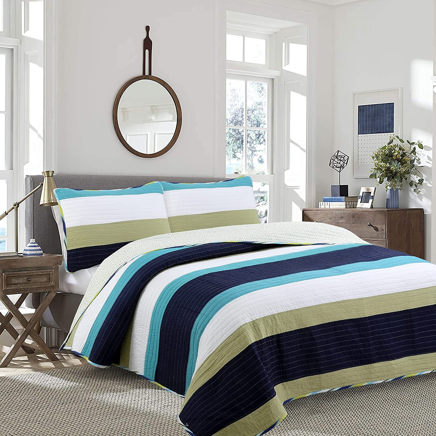 Cozy Line Home Fashions Navy Blue Sage Green Striped Boy 100 Cotton