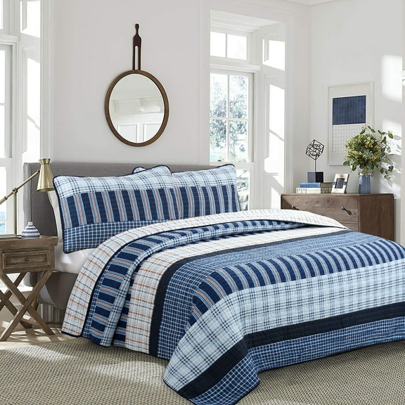 Cozy Line Home Fashions Navy Orange Striped Boy 100% Cotton Reversible Quilt Bedding Set, Queen 3-Piece