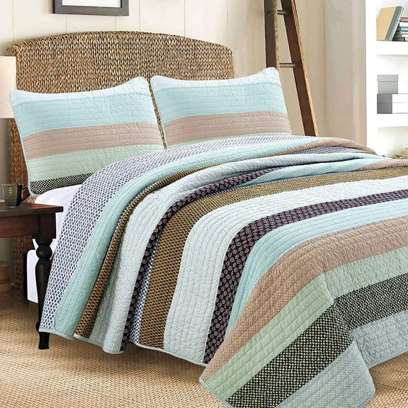 Cozy Line Home Fashions Nesco Stripe Patchwork Cotton Reversible Quilt Bedding Set, King - 3 Piece