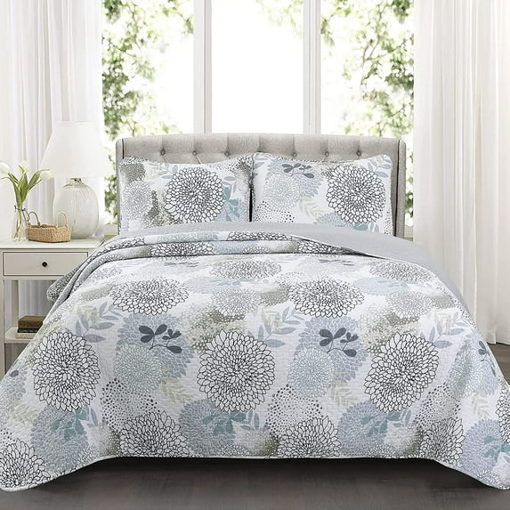 Cozy Line Home Fashions Nina Trista Cotton Aqua Blue Turquoise Grey Floral Print Pattern 3 Piece Quilt Bedding Set, King