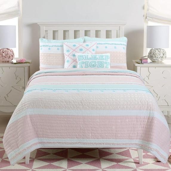 Cozy Line Home Fashions Pastel Stripped Star Ruffle Embroidered Floral Light Pink Peach Blue White Cotton Quilt Bedding Set Twin 2 Piece