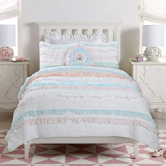 Cozy Line Home Fashions Pink Blue Lace Stripe Floral Flower Print Cotton Reversible Quilt Bedding Set with Décor Throw Pillow (Pink/Blue, Queen -4 Piece)