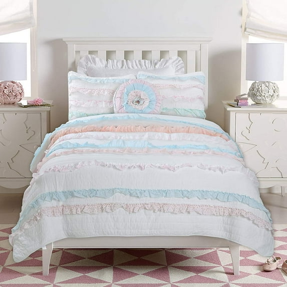Cozy Line Home Fashions Pink Blue Lace Stripe Floral Flower Print Cotton Reversible Quilt Bedding Set with Décor Throw Pillow (Pink/Blue, Queen -4 Piece)