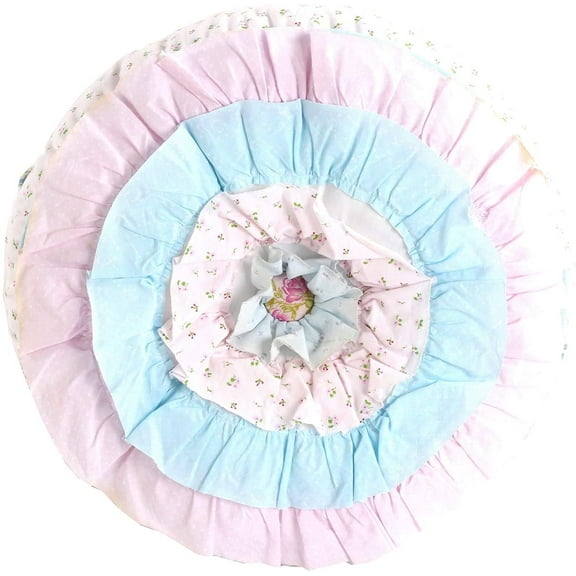 Cozy Line Home Fashions Pink Blue Ruffle Lace Stripe Floral Flower Print Cotton Round Decorative Throw Pillow (Pink/Blue, Decor Pillow -1pc)