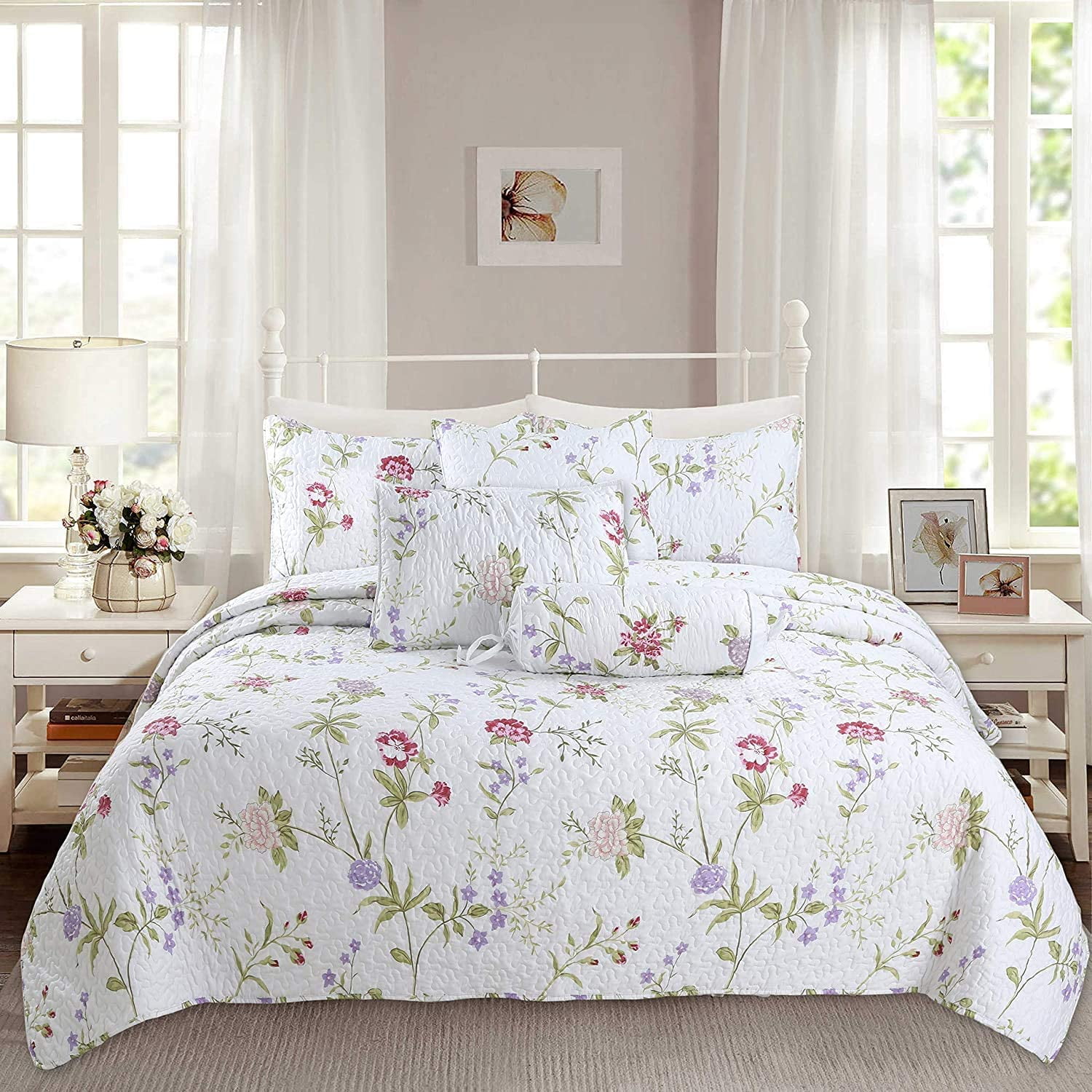 Full White Microfiber Reversible Floral Quilt Bedding Set