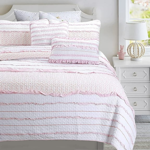 Cozy Line Home Fashions Pink Princess Ruffle 100% Cotton Reversible Bedding Quilt Set (Pink Princess, Twin - 4 Piece)