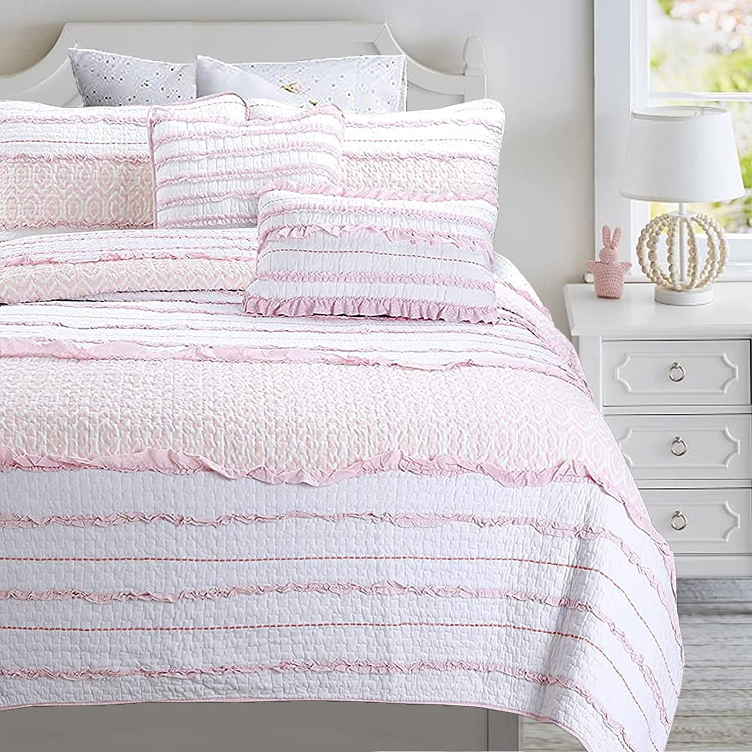 Cozy Line Home Fashions Pink Princess Ruffle Stripe 100% Cotton Girls Reversible Bedding Quilt Set (Pink Princess, Twin - 2 Piece)