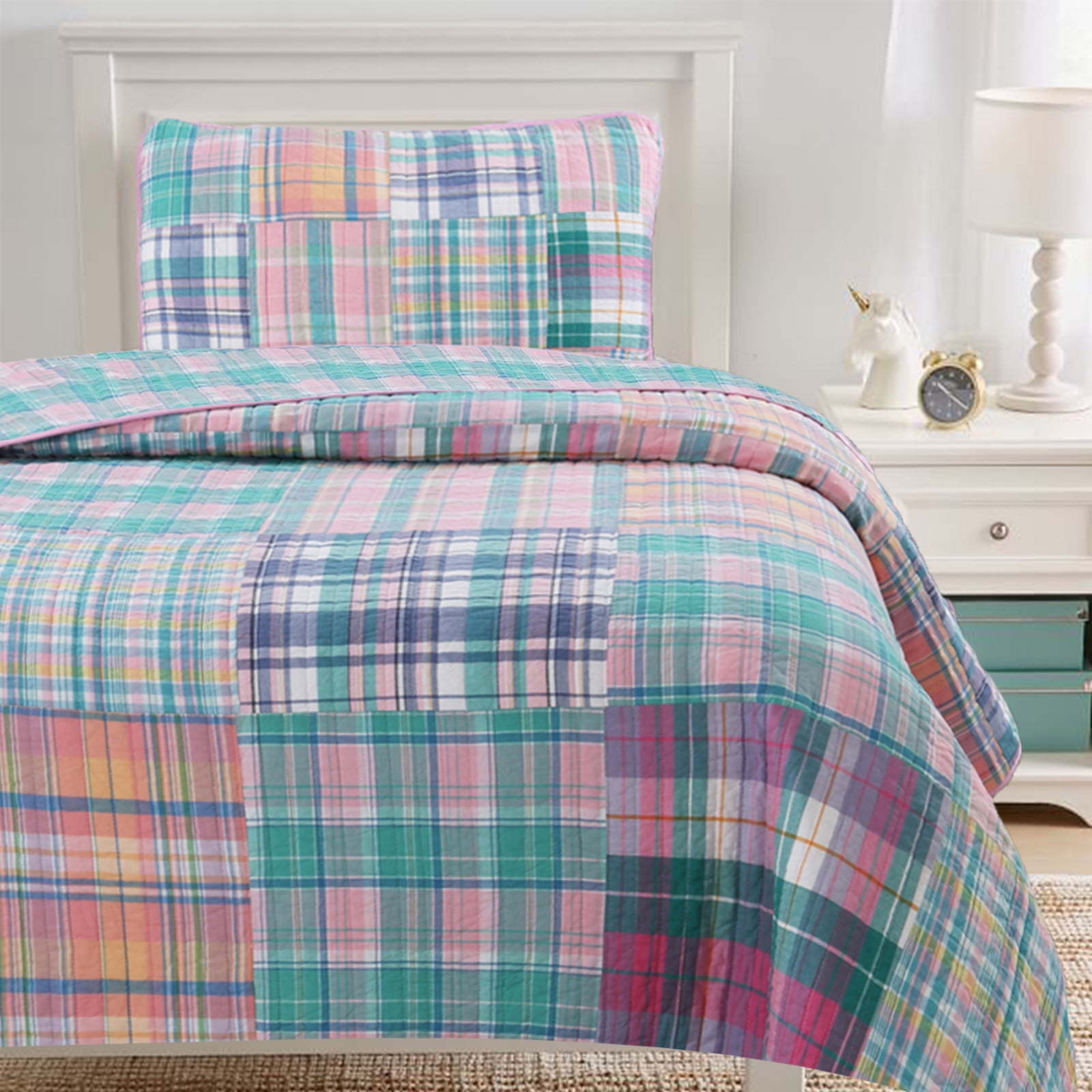 Twin Pink Cotton Patchwork Reversible Quilt Set