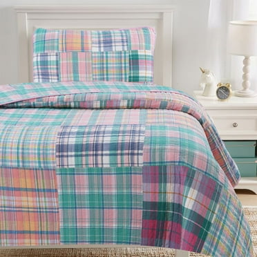 Cozy Line Home Fashions Raelyn Pink Blue Green Grid Patchwork Quilt Set (Pink/Green, Twin - 2 Piece)