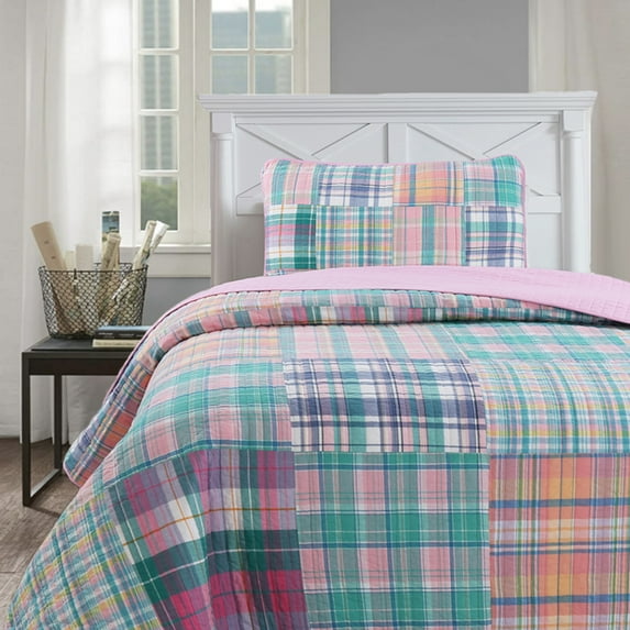Cozy Line Home Fashions Raelyn Pink Blue Green Grid Patchwork Quilt Set (Pink/Green, Twin - 2 Piece)