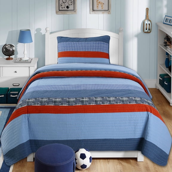 Cozy Line Navy Blue Red Striped Boy 100% Cotton Reversible Quilt Bedding Set (Varsity, Twin - 2 Piece)