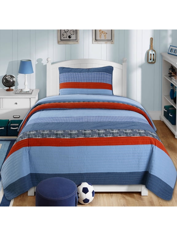 Cozy Line Navy Blue Red Striped Boy 100% Cotton Reversible Quilt Bedding Set (Varsity, Twin - 2 Piece)