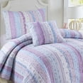 thumbnail image 1 of Cozy Line Home Fashions Shabby Chic Floral Ruffle Stripe 100% Cotton Reversible Quilt Set (Lavender, Queen - 3 Piece), 1 of 6