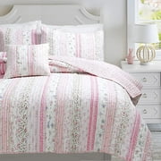 Cozy Line Home Fashions Shabby Chic Floral Ruffle Stripe 100% Cotton Reversible Quilt Set (Pink, Twin - 2 Piece)