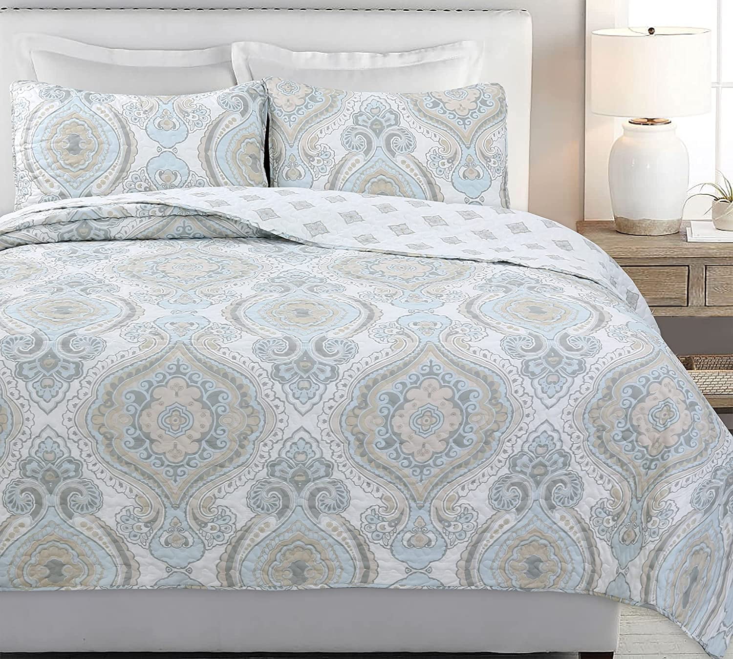 Cozy Line Home Fashions Sky Blue Brocade Medallion Microfiber Quilt, King - Reversible