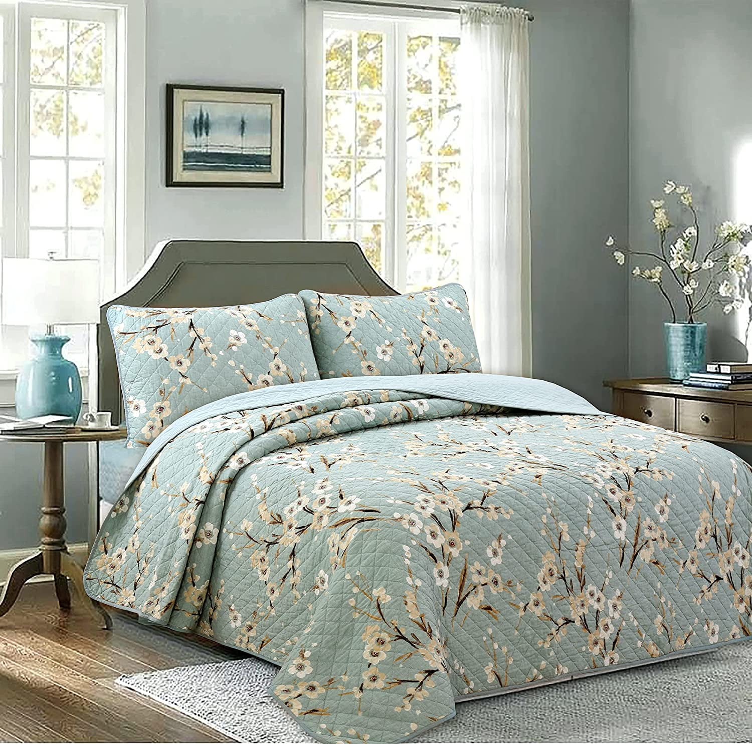 Cozy Line Home Fashions Sky Blue Floral Cotton Quilt, King - Reversible