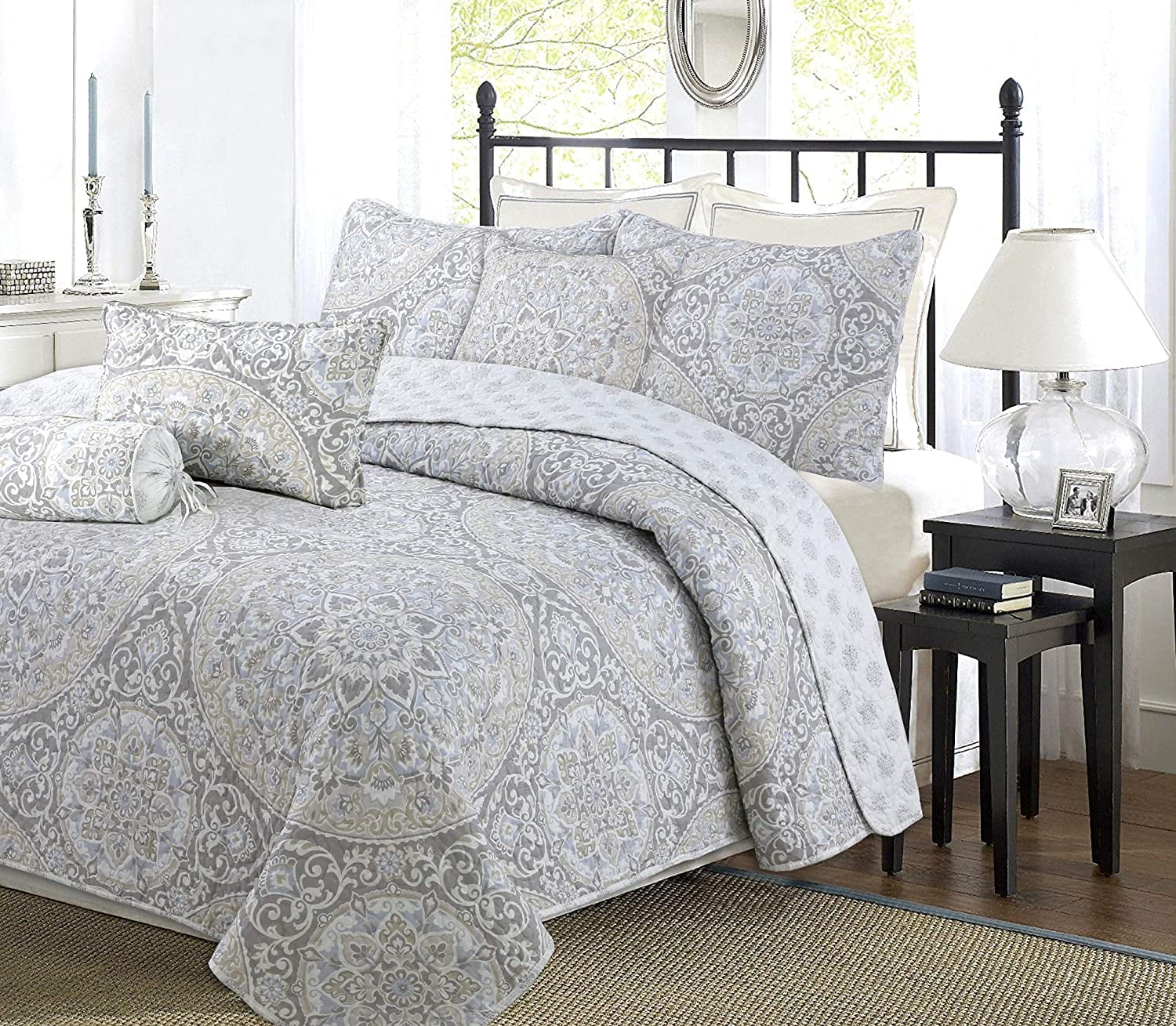 Gray King Microfiber Reversible Medallion Quilt Set