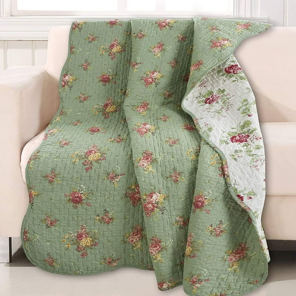Cozy Line Home Fashions Vintage Floral 100% Cotton Personal Reversible Quilted Throw Blanket