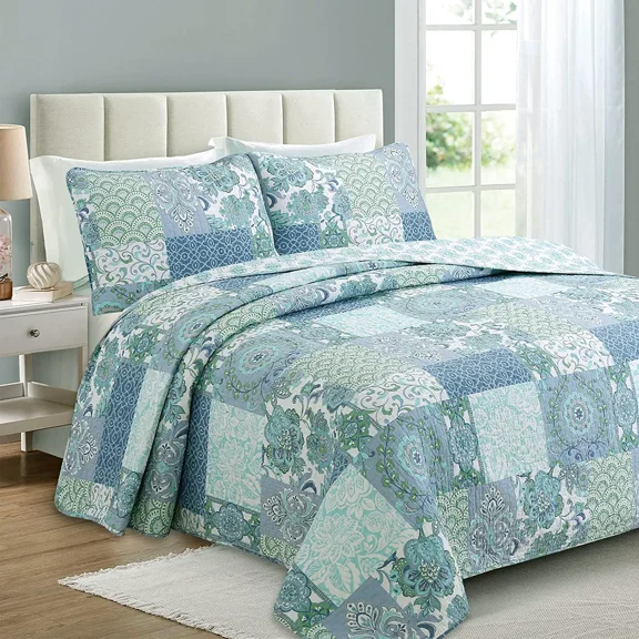Cozy Line Home Fashions Windfall Blue Green Floral 3-Piece 100% Cotton Quilt Bedding Set, King