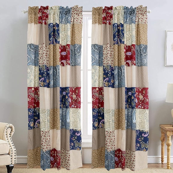 Cozy Line Hyler Navy Red Floral Paisley Real Patchwork Window Curtains with Tie Backs Set, 84" x 50", 2 Panels