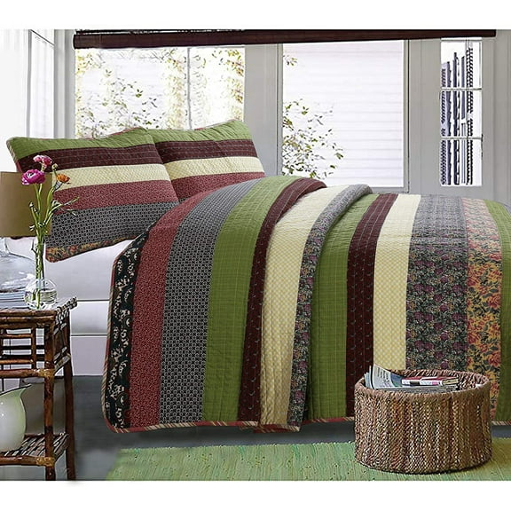 Cozy Line Juliette Stripe 100% Cotton 3-Piece Quilt Set, King Set