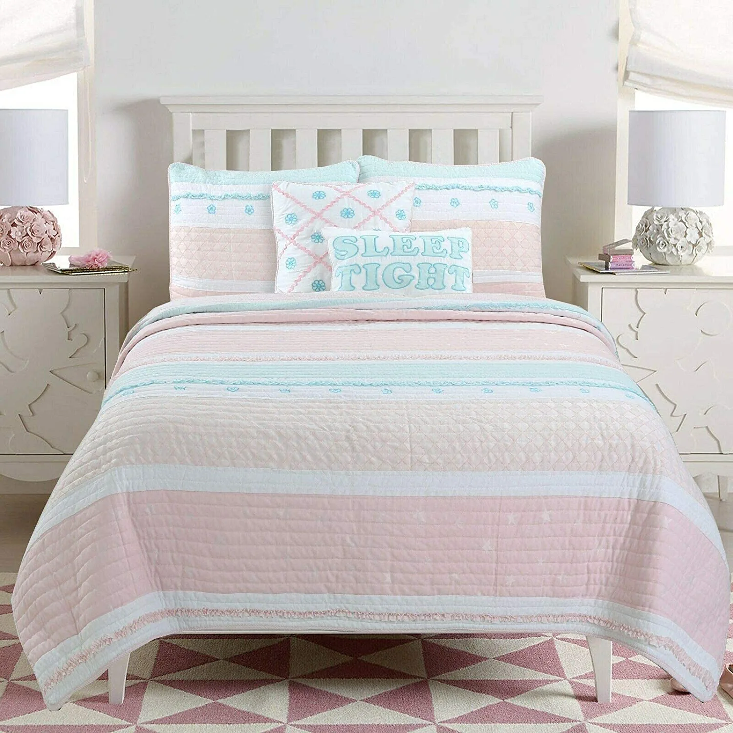 Cozy Line Light Pink Blue Ruffles Girl 100% Cotton 2 Piece Reversible Quilt Bedding Set, Candy, Twin