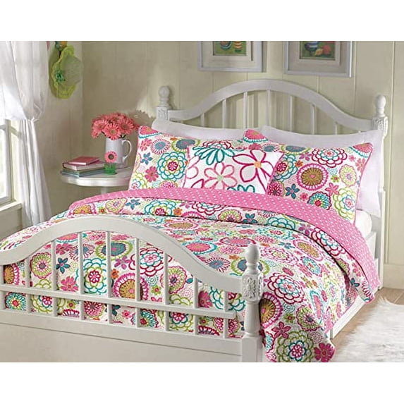 Cozy Line Mariah Pink Blue Floral Microfiber/Cotton Reversible Quilt Bedding Set, Queen 3-Piece