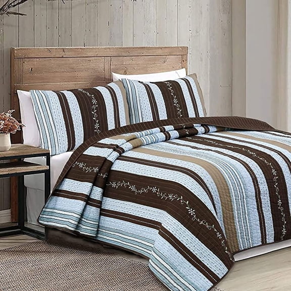 Cozy Line Mary Ann Striped 100% Cotton 3-Piece Quilt Set, Queen Set