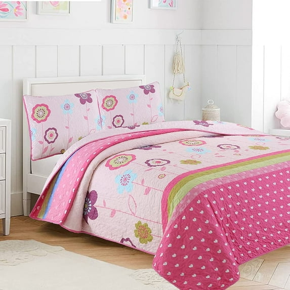 Cozy Line Microfiber Reversible Girls Coverlet Bedspread Quilt Set with Shams (Flower Garden, Queen - 3 Pieces)