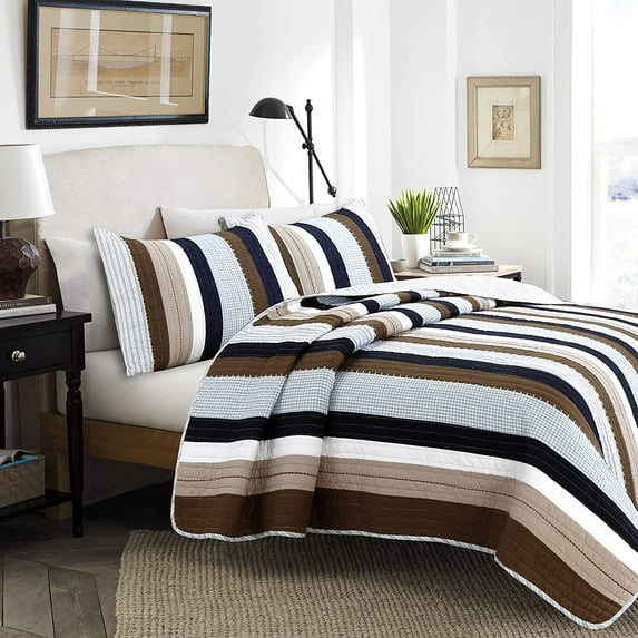 Cozy Line Nathan Brown Khaki Navy Blue Stripe 100% Cotton 3-Piece Reversible Quilt Set, Queen