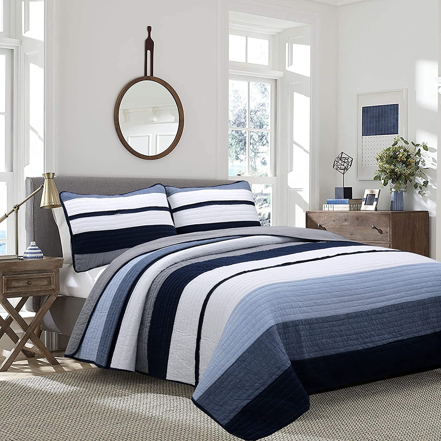 Cozy Line 100% Cotton Reversible Quilt Set, Navy Blue Gray Striped ...