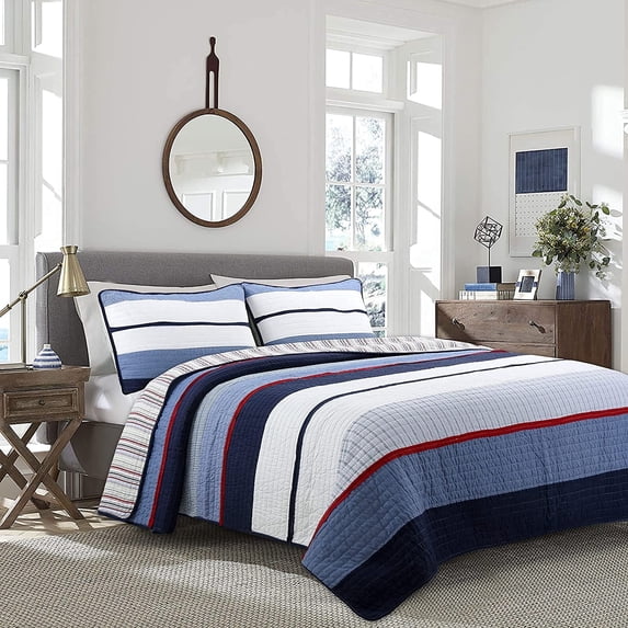Cozy Line Navy Blue Red Striped Boy 100% Cotton 2 Piece Reversible Quilt Set, Twin