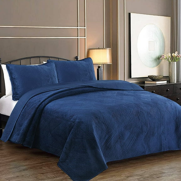 Cozy Line Navy Blue Velvet Basketweave Luxurious Velveteen Velour Super Soft Quilt Bedding Set, Queen