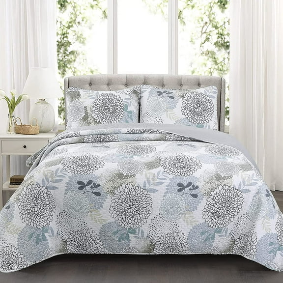Cozy Line Nina Trista Flowers Aqua Blue Turquoise Grey Floral Print Pattern Quilt Bedding Set, Twin - 2 Piece