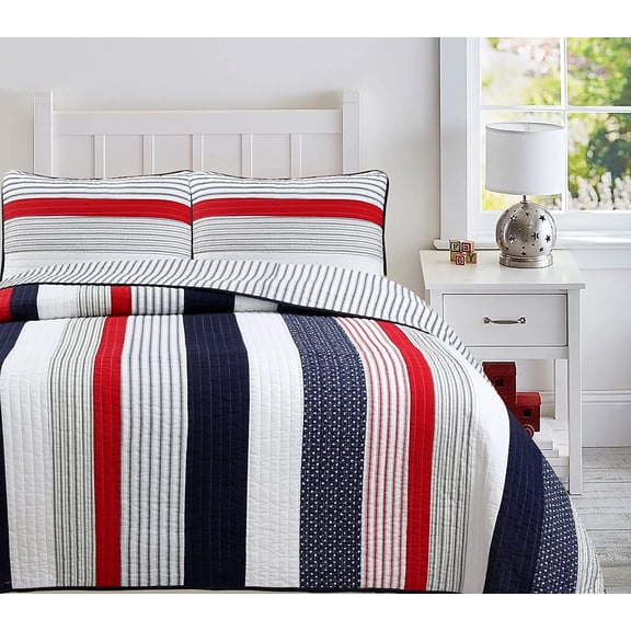 Cozy Line Patriotic Liberty Stripes Red Blue White Striped Patchwork Cotton Twin Reversible Quilt Bedding Set, Twin 2-Piece