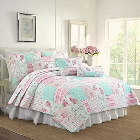 Cozy Line Pink Garden Floral Pink Blue Reversible 6-Piece Quilt Bedding Set, Queen Set with Decorative Pillows