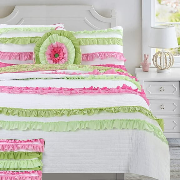 Cozy Line Pink Green Chic Ruffles Girl Cotton Reversible Quilt Bedding Set (Queen - 3 Piece)