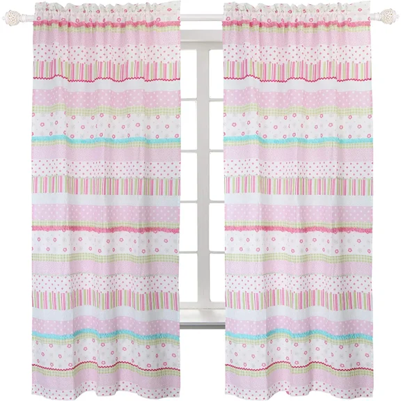 Cozy Line Pink Greta Cotton Polka Dot Floral Stripe Window Treatment Curtain Panel Drape Set of 2, 84" inch Long