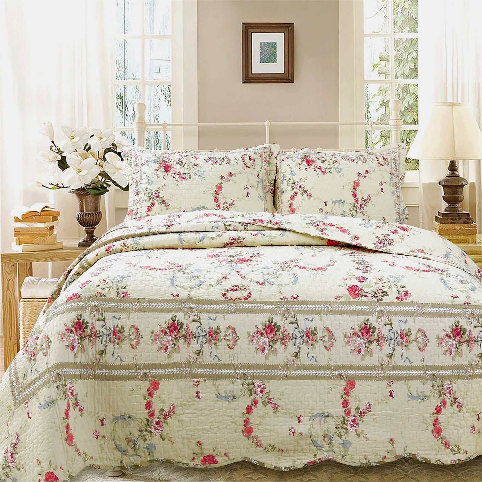 Twin Reversible Cotton Floral Quilt Set in Red and Beige