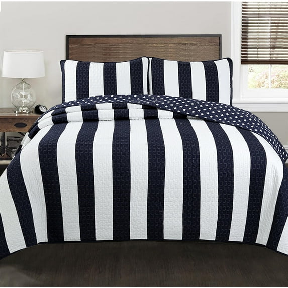 Cozy Line Sailor Popeye Bedding Quilt Set, Nautical Navy Blue White Star Striped Pattern Printed 100% Cotton Reversible Coverlet Bedspread for Kids Boy(Sailor Star, King - 3 Piece)