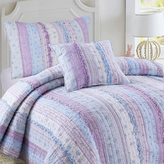 Cozy Line Shabby Chic Floral Ruffle Stripe 100% Cotton Reversible Quilt Set with Decorative Pillow (Lavender, Twin - 3 Piece)