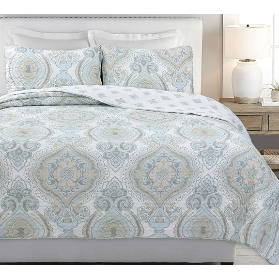 Cozy Line Sky Blue Tan Gray Modern Medallion Reversible Quilt Bedding Set
