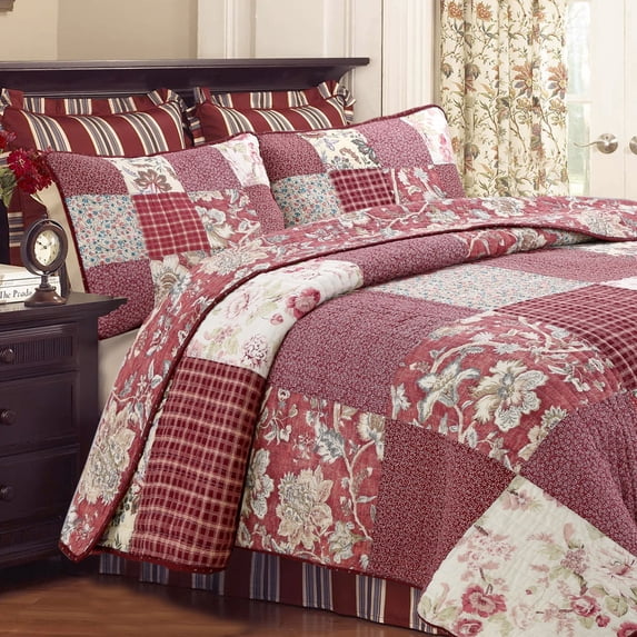 Cozy Line Thalia Real Patchwork Red Floral 3 Piece Reversible Cotton Quilt Bedding Set Queen