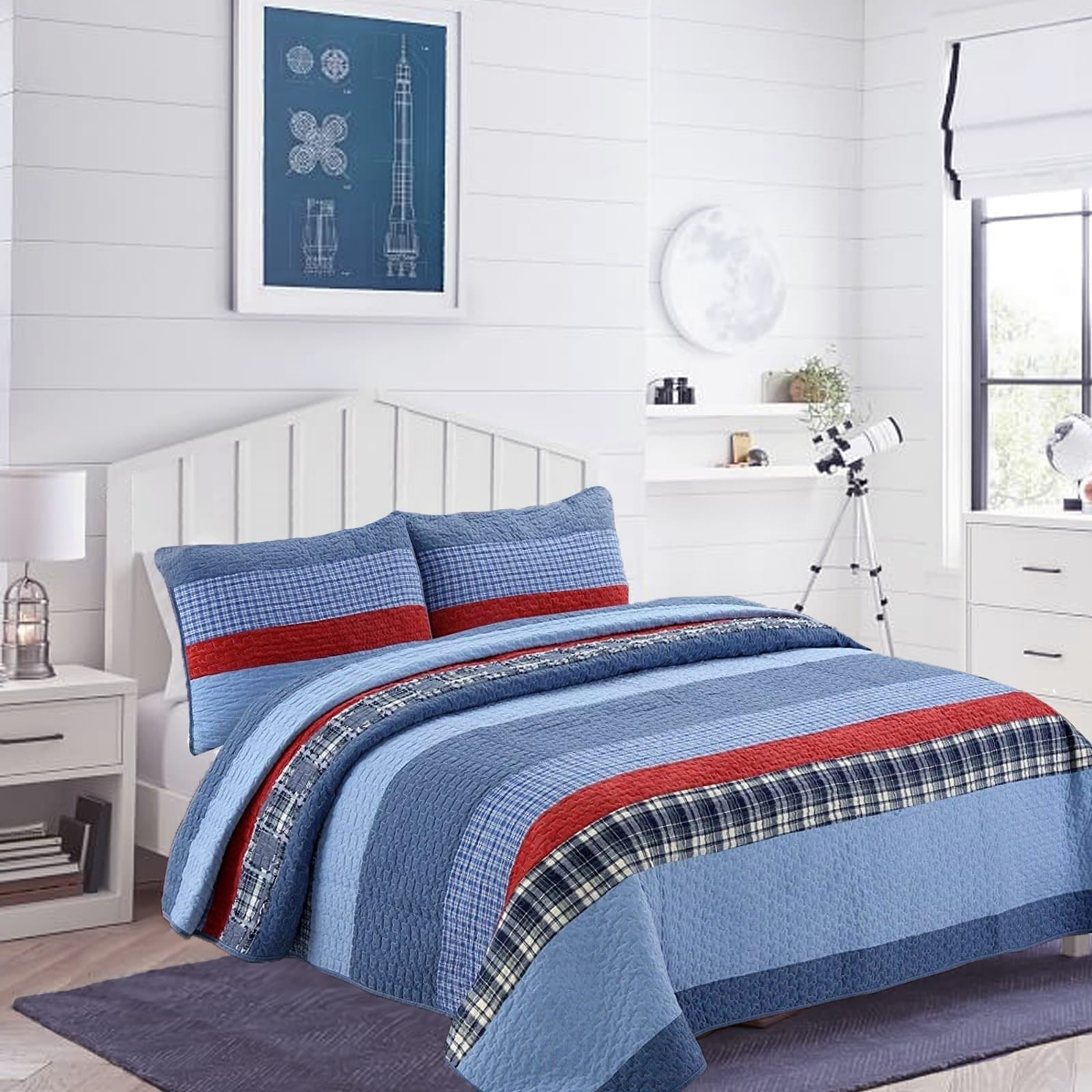 Navy and Red Cotton Reversible Queen Quilt Set