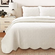 Cozy Line Victorian Medallion Matelasse Scalloped Edge 100% Cotton 3-Piece Ivory Cream Quilt Bedding Set, Queen