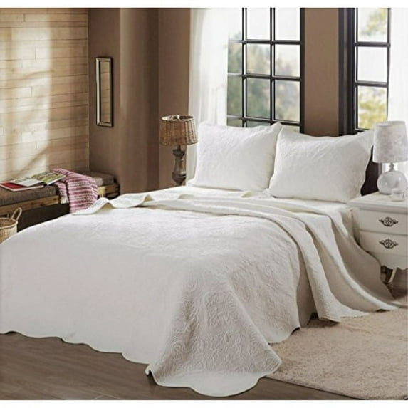 Cozy Line Victorian Medallion Solid Ivory Matelasse Embossed 100% Cotton Bedding Quilt Set (Blantyre - Ivory, King - 3 Piece)